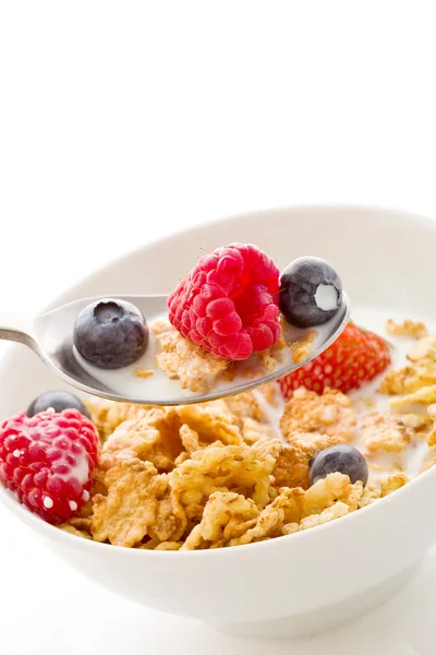 Corn flakes with berries - Isolated — Stock Photo, Image