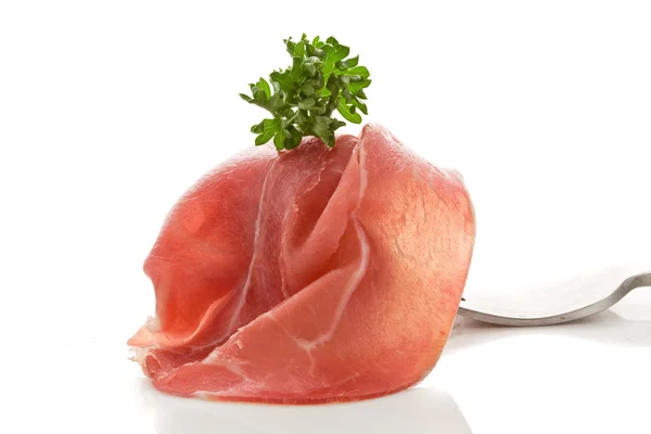 Bacon defumado embrulhado em garfo — Fotografia de Stock