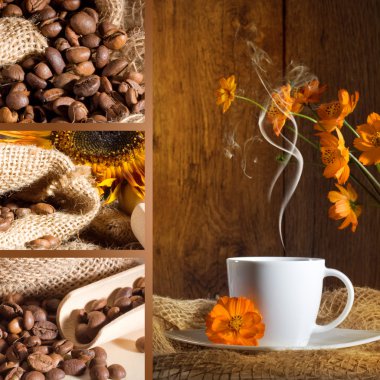 Coffee collage with brown background clipart