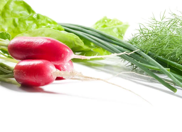 stock image Fresh vegetables and green salad isolated on white background