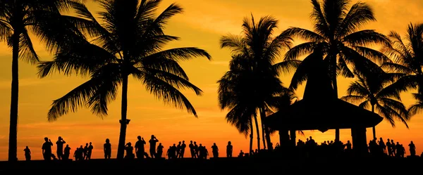Силует і турист під час прекрасного заходу сонця — стокове фото