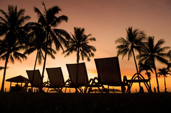 Row deckchairs on beach at sunset, — Stock Photo, Image