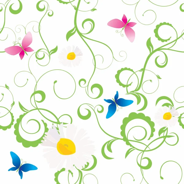 Våren eller sommaren grunge bakgrund med fjärilar och blommor siluett — Stockfoto