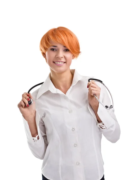 Vacker rödhårig tjej med stetoskop — Stockfoto