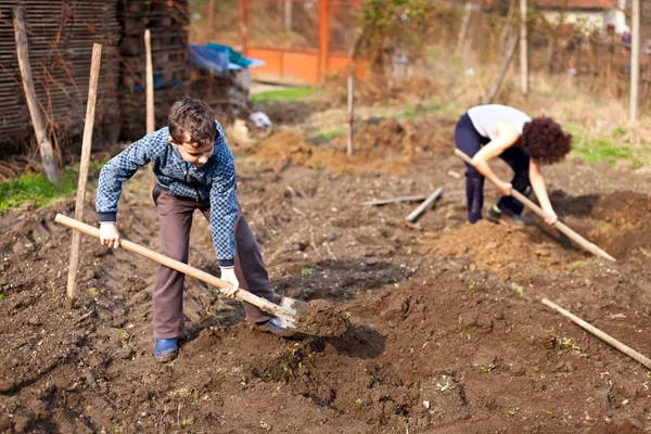 Mor och son arbetar marken — Stockfoto