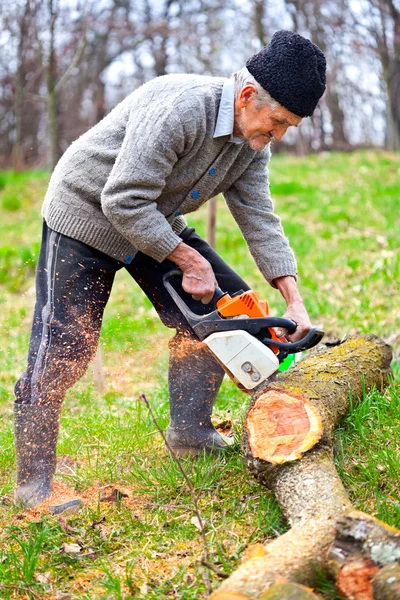 Velho agricultor com motosserra cortando uma árvore — Fotografia de Stock