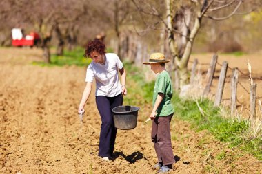 Mother and son farmers working on their land clipart