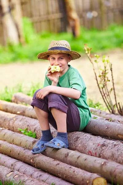屋外のマツ丸太の上に座って幸せな少年 — ストック写真