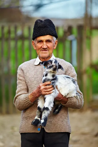 Bebek keçi ile yaşlı çiftçi — Stok fotoğraf