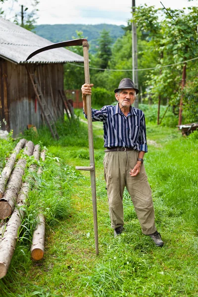 Vecchio uomo rurale usando falce — Foto Stock