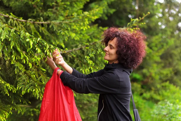 Женщина собирает ели — стоковое фото