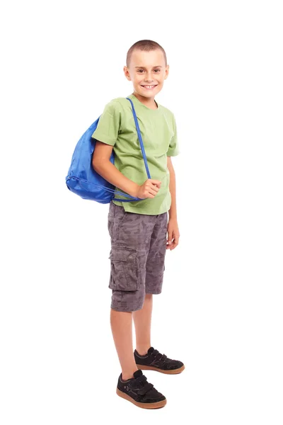 Sportif çocuk ile üzerine beyaz izole sırt çantası — Stok fotoğraf