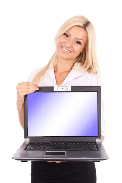 Attractive businesswoman holding laptop — Stock Photo, Image