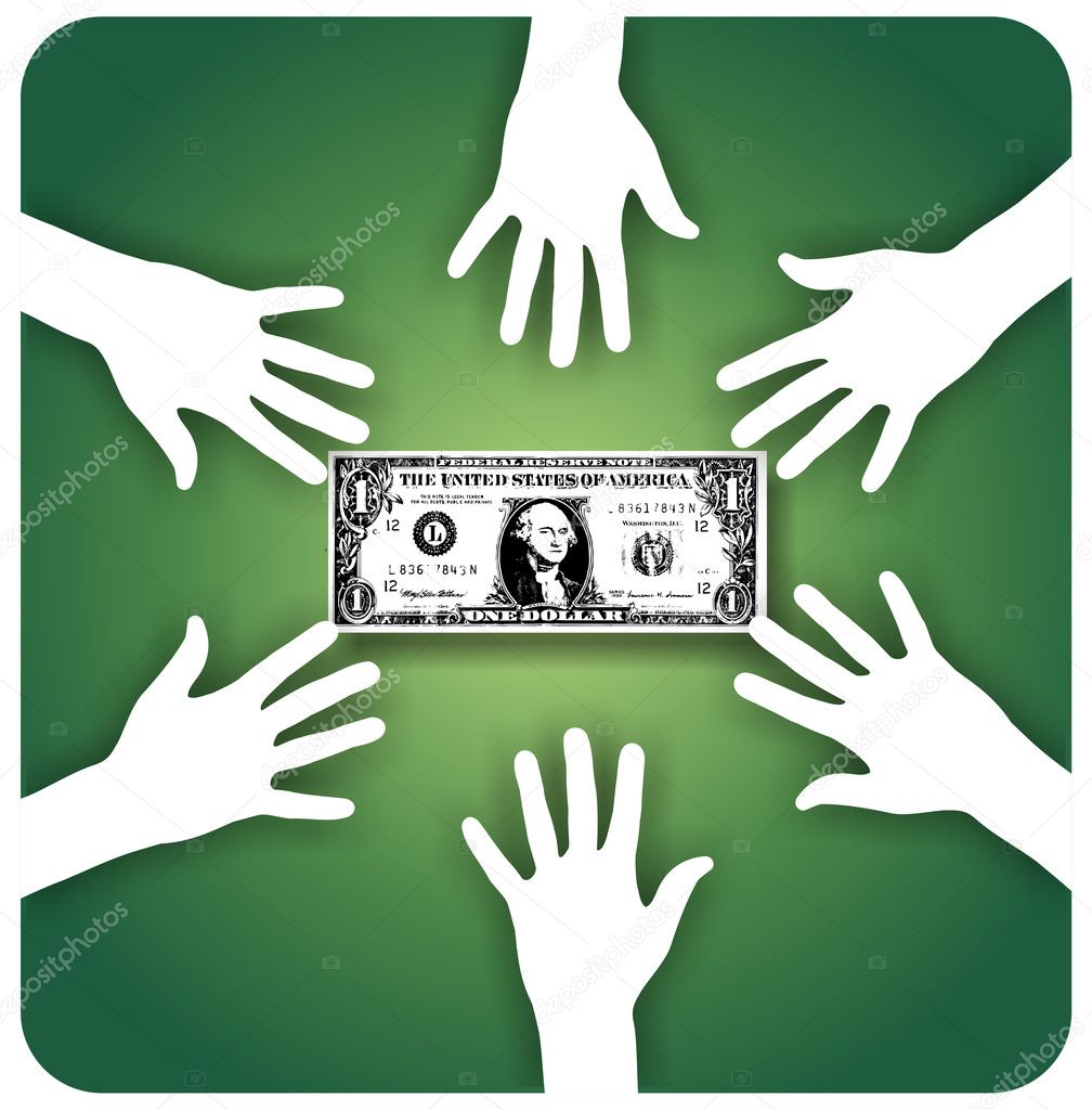 Six hands around a one-dollar bill