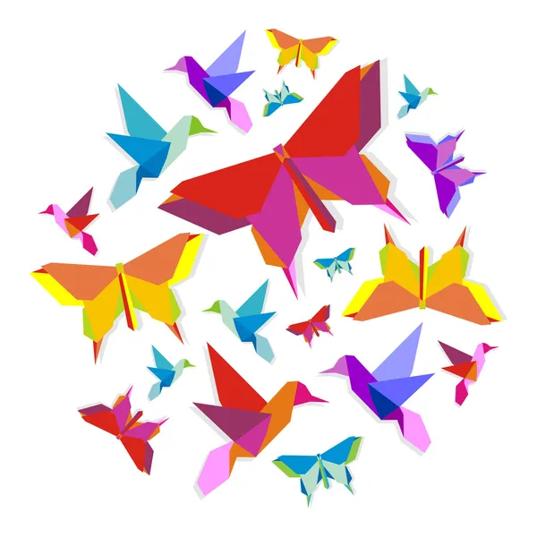 Origami de primavera pájaro y mariposa círculo — Vector de stock