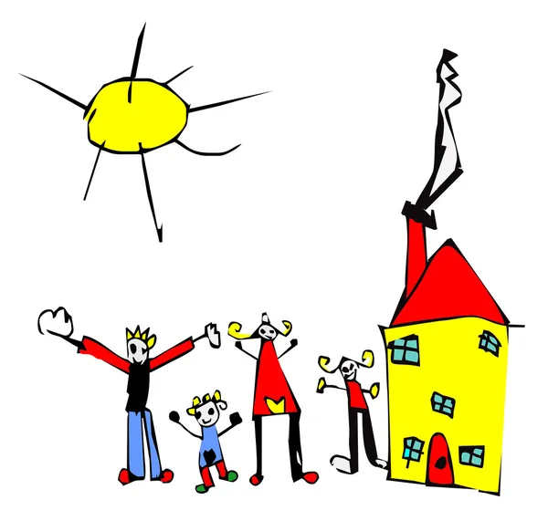 Dibujo infantil de familia, sol y casa — Vector de stock