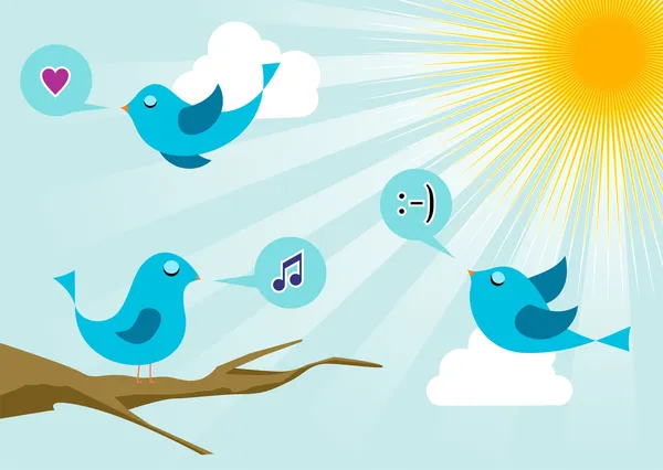 Twitter vogels op sociale media zonsopgang — Stockvector