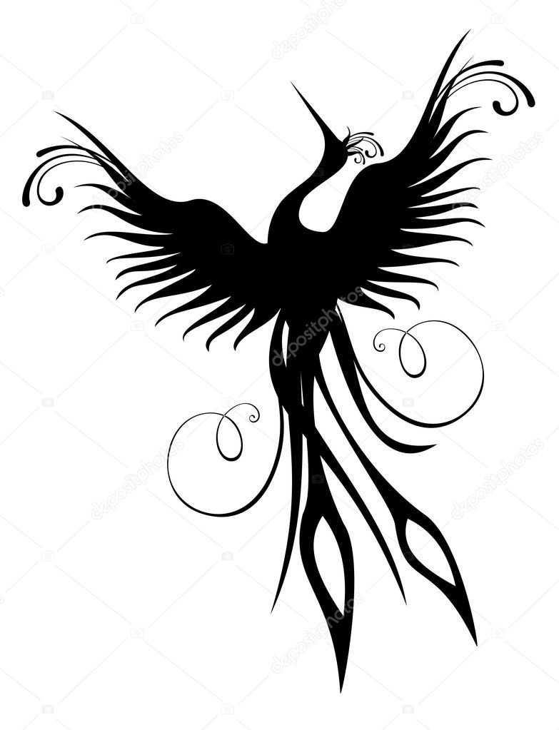 Figura di uccello Fenice nera isolata sopra bianco concetto di ri nascita — Vettoriali di cienpies