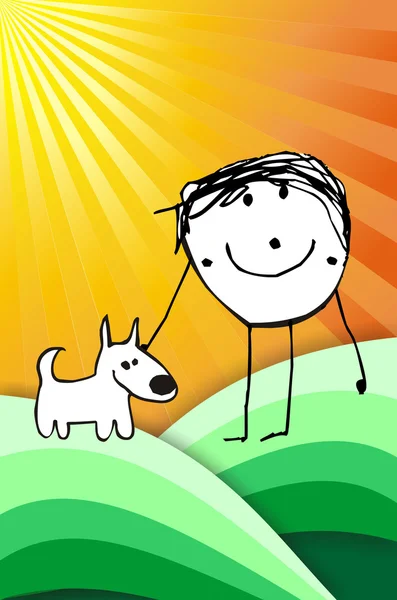 Colorful kid with his dog illustration — Stock Photo, Image