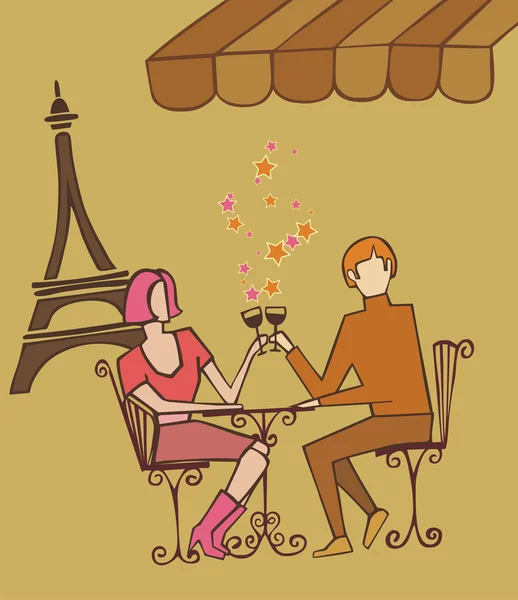 Couple in Paris couple celebrating with champagne — Stock Vector