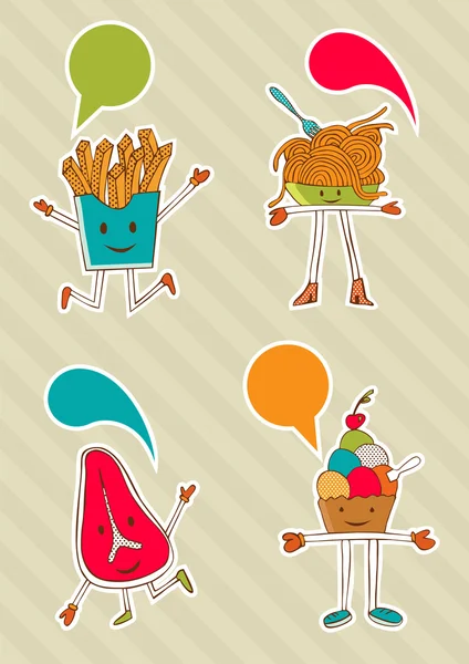 Kleurrijke voedsel cartoons met dialoog ballon. — Stockvector