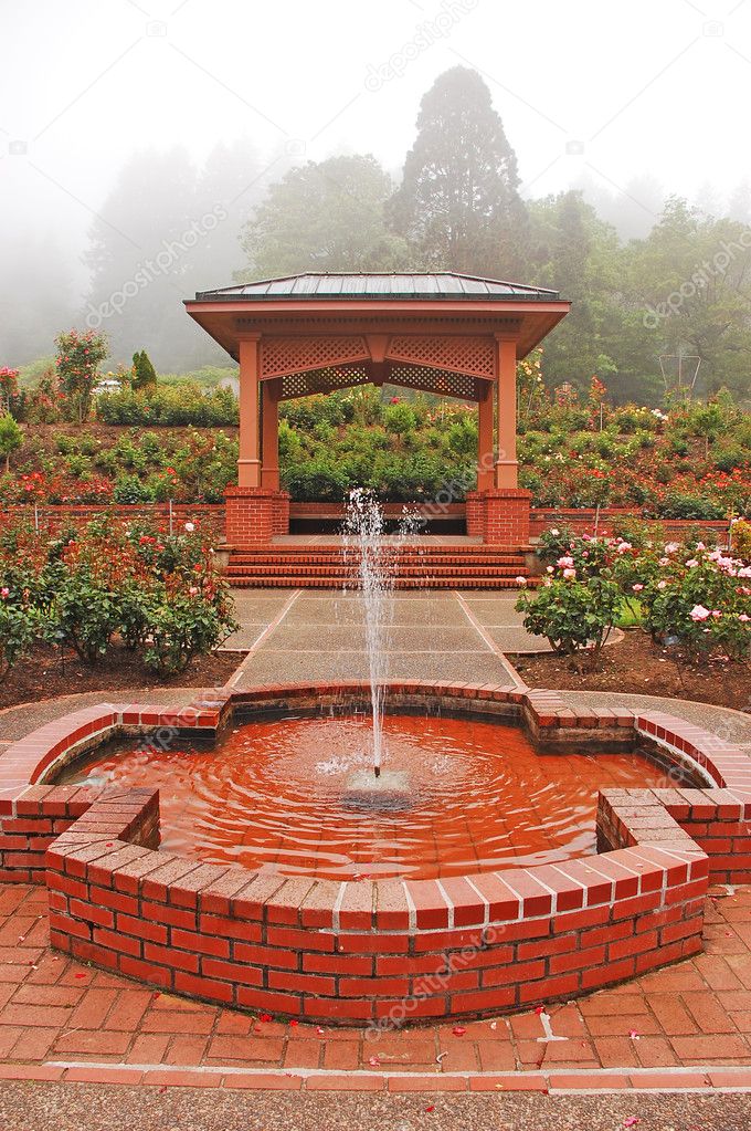 Garden gazebo and water fountain
