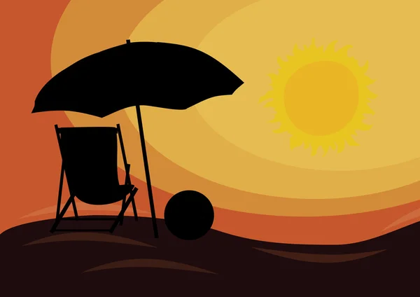 Sonnenuntergang über dem Strand mit Liegestuhl und Beachball — Stockfoto