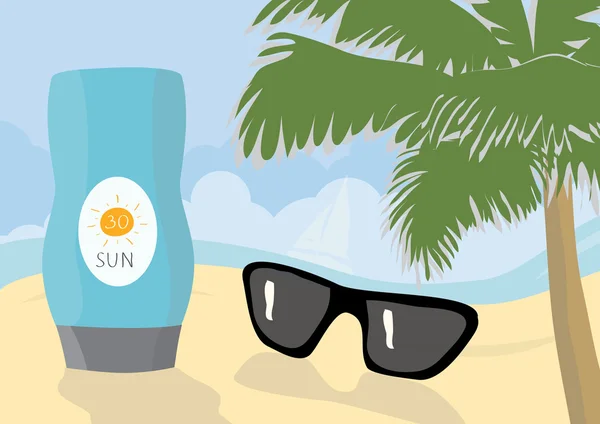 Sonnenschutzcreme und Sonnenbrille am Strand — Stockfoto