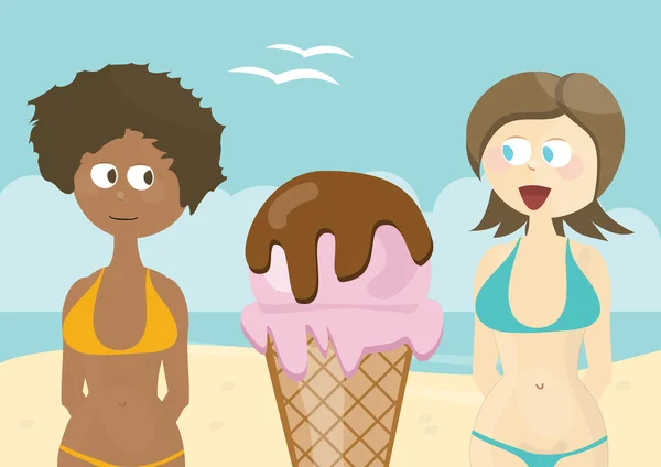Две счастливые девушки на летнем пляже улыбаются мороженому — стоковое фото