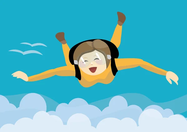 Glad tjej fallskärmshoppning över molnen — Stockfoto
