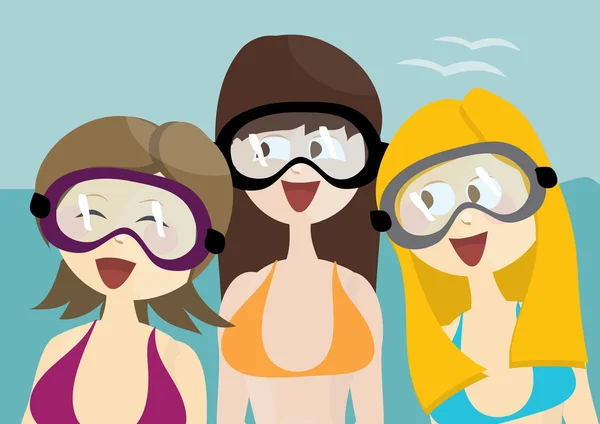 Három boldog lány, snorkeling maszkok — Stock Fotó
