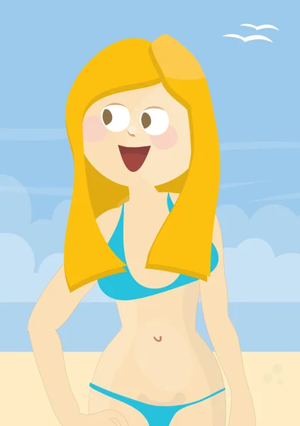 해변에 서 있는 아름 다운 웃는 소녀 — 스톡 사진