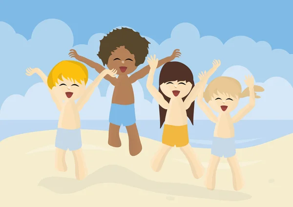 Happy kids jumping on summer beach — Stock Photo, Image