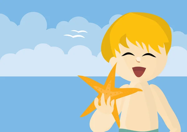 Lachende jongen op een strand met een zeester — Stockfoto