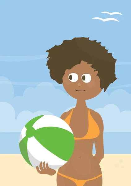 Молода жінка на пляжі тримає пляжний м'яч — стокове фото