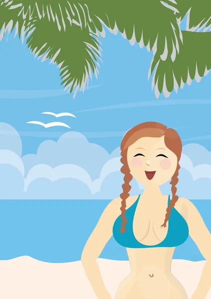 Ung kvinna ler på tropisk strand — Stockfoto