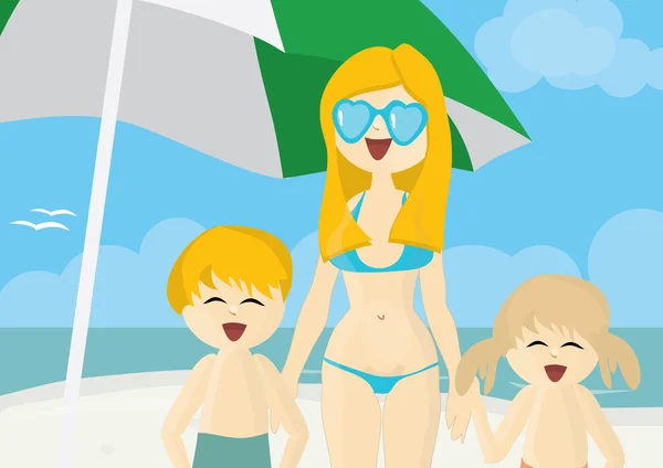 Счастливая мать с детьми на пляже — стоковое фото