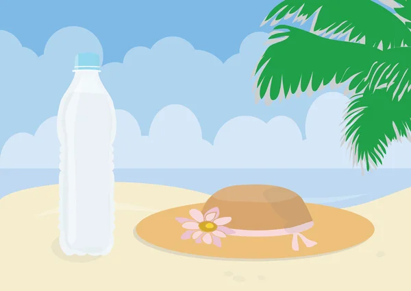 Kapelusz i świeżej wody na plaży — Zdjęcie stockowe