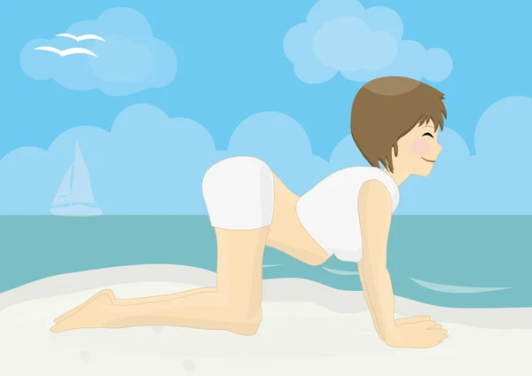 Весела жінка практикує йогу на пляжі — стокове фото