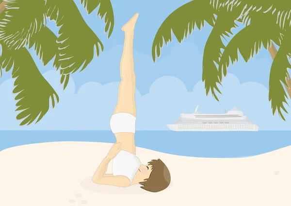 Pratik Yoga bir plajda güzel kadın — Stok fotoğraf