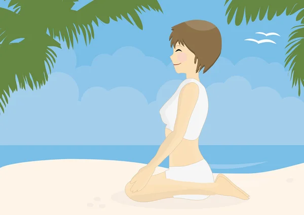 练瑜伽的沙滩上的美丽女人 — 图库照片