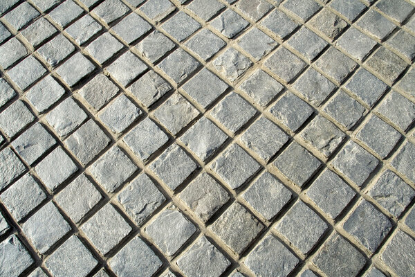 Diagonal view of pattern of checked stone pavement