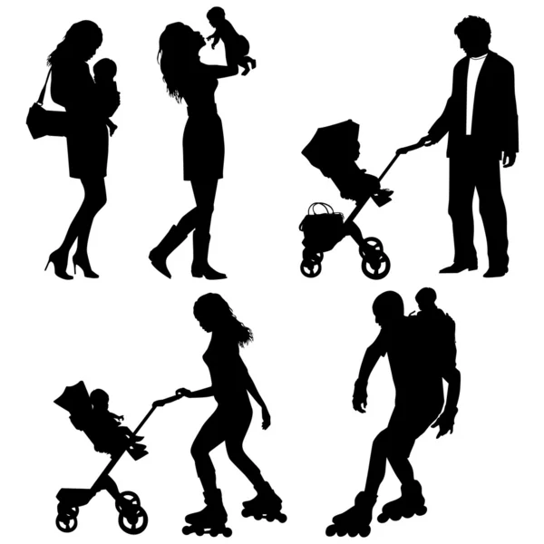 Several with children - vector silhouettes — Stock Vector