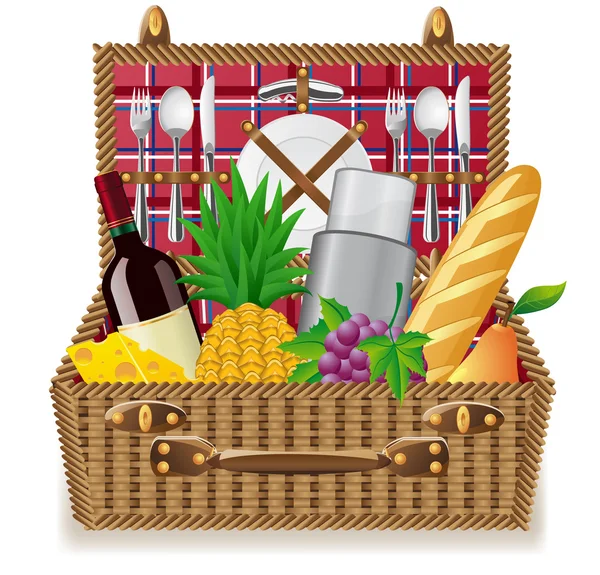 Cesta para un picnic con vajilla y alimentos — Vector de stock