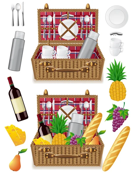 Kosz na piknik z naczynia i żywności — Wektor stockowy