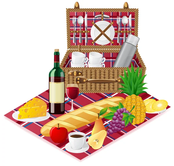 stock vector Basket for a picnic with tableware and foods