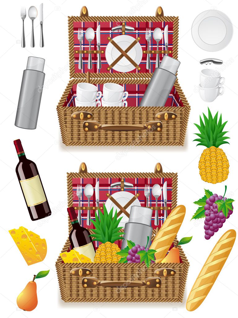 Basket for a picnic with tableware and foods