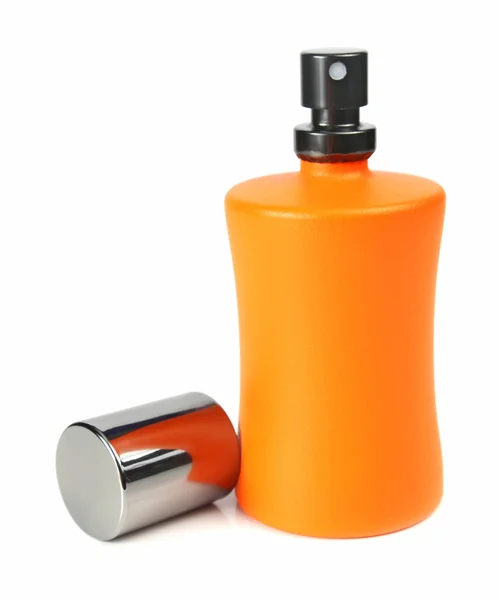 Orangefarbenes Fläschchen mit einer Parfümflüssigkeit — Stockfoto
