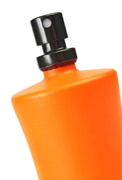Piccola bottiglia arancione con un liquido di profumo — Foto Stock
