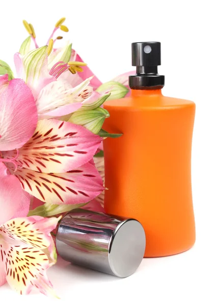 Liten flaska med en parfym vätska och blommor — Stockfoto